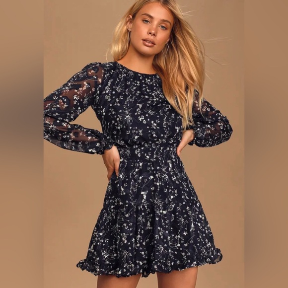 Lulus Dresses & Skirts - Lulus Too Cute Navy Blue Floral Print Smocked Long Sleeve Mini Dress Size XS